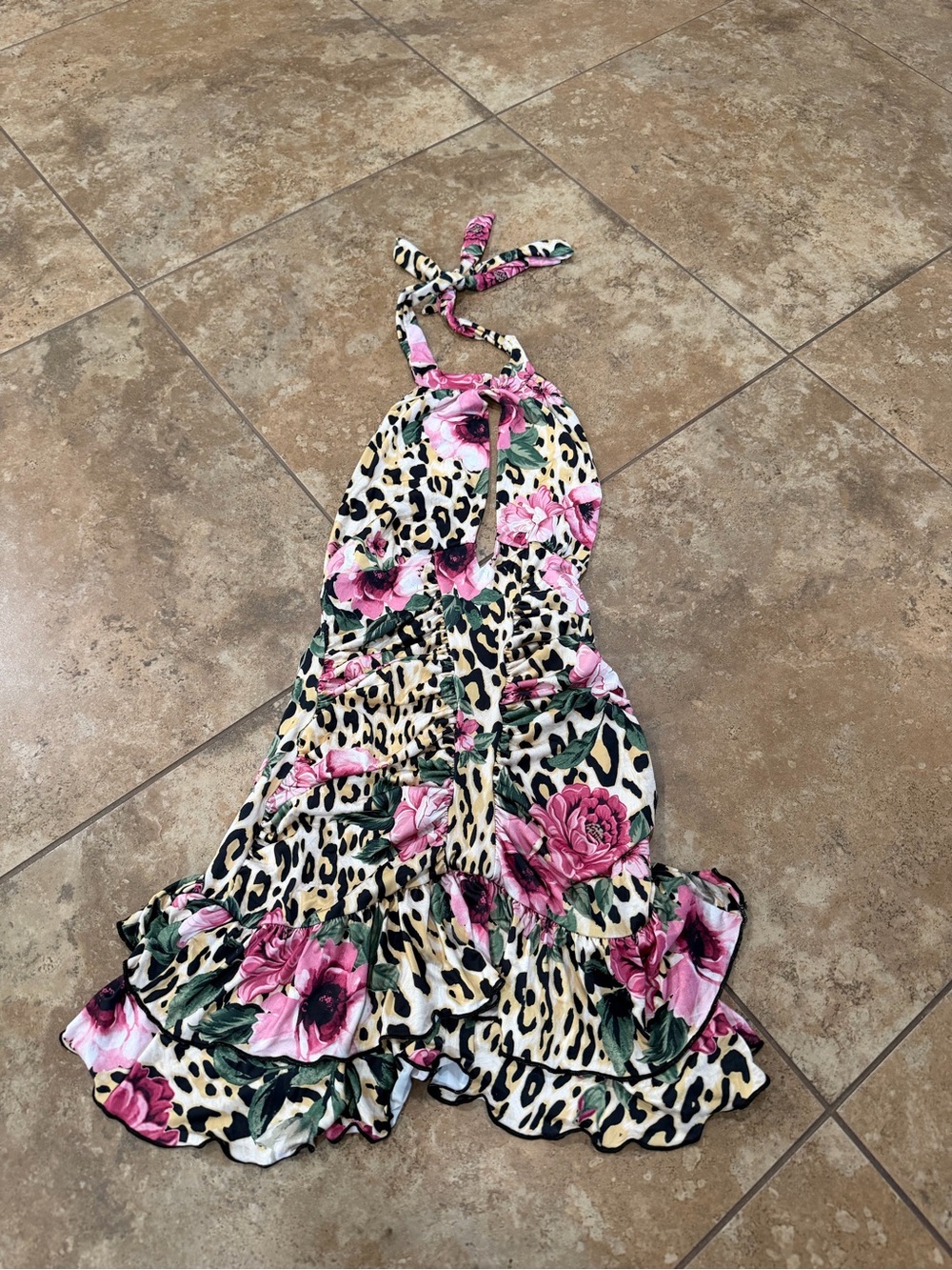 Fashion Nova Pink Floral & Leopard Halter Mini Dress